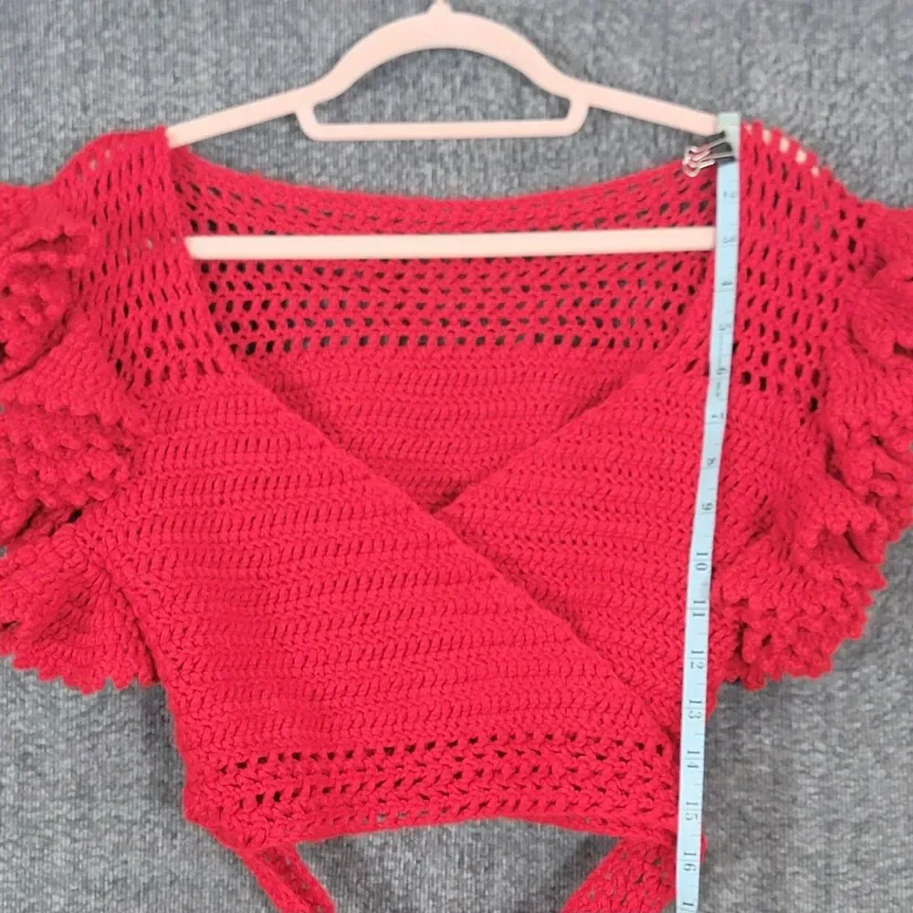 Handmade Crochet Knit Crop Top Womens S Red Short Ruffle Sleeve Wrap Tie Waist